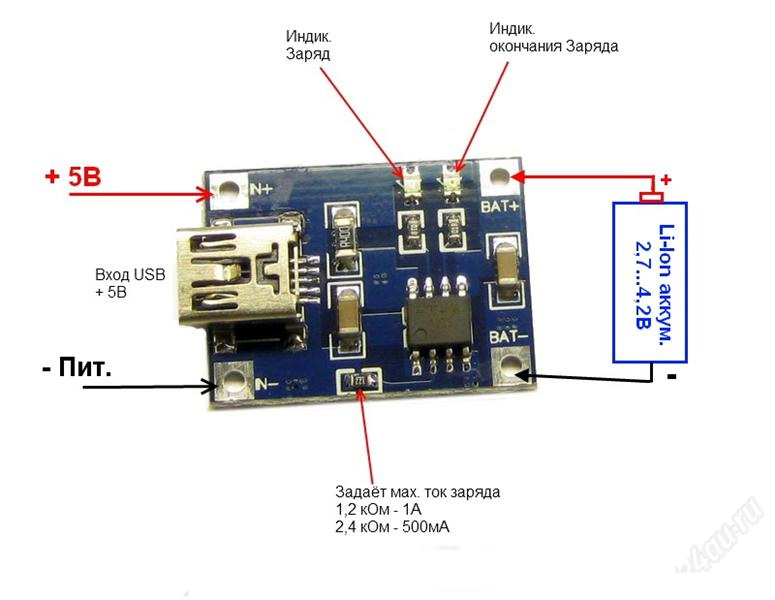 Зарядное для Li-Ion аккумуляторов на чипе TP4056 mini USB