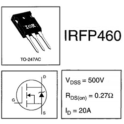 IRFP460 500v, 20A, 270mΩ, MOSFET N-канальный.