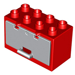 Низкий красный блок с серой дверкой (шкафчик) – детали Лего дупло