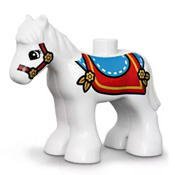 Маленькая белая лошадка в нарядной попоне Лего Дупло