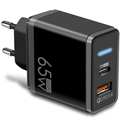 Зарядное устройство GaN USB QC3.0 + PD 65 ватт, чёрное