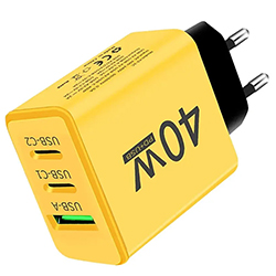 Зарядное устройство USB QC3.0 + 2*PD 40 ватт, жёлтое