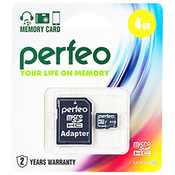Карта памяти Perfeo MicroSD 4Gb 4 класс + адаптер