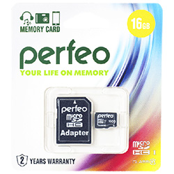 Карта памяти Perfeo MicroSD 16Gb 10 класс + адаптер